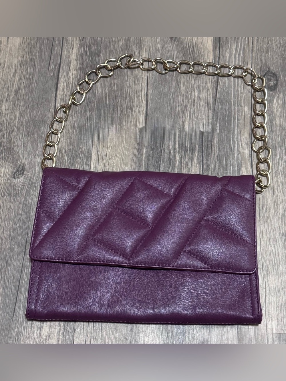 Rox & Ann Quilted Leather Shoulder Bag Clutch Purple Plum Gold Hardware